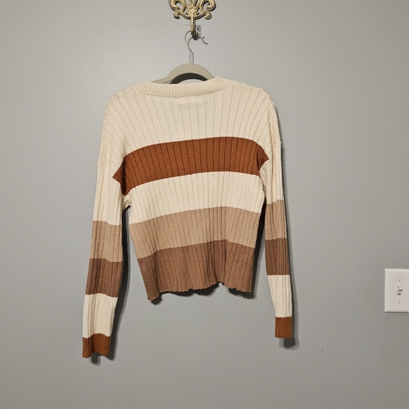 CLEARANCE Striped V-Neck Sweater - Cream and Brown - Picture 3 of 5